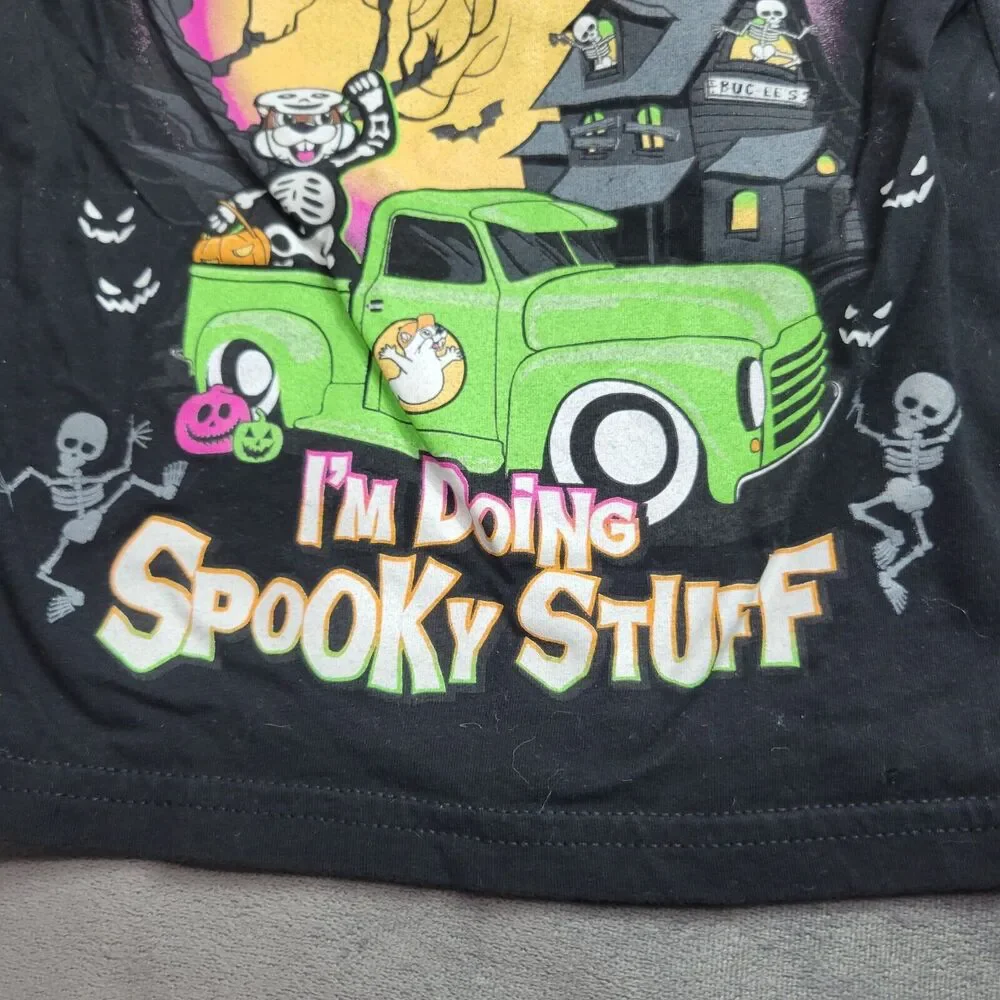Bucees Shirt Boy Size 2T Black Skelton Halloween Spooky Stuf Truck Cant Talk Now